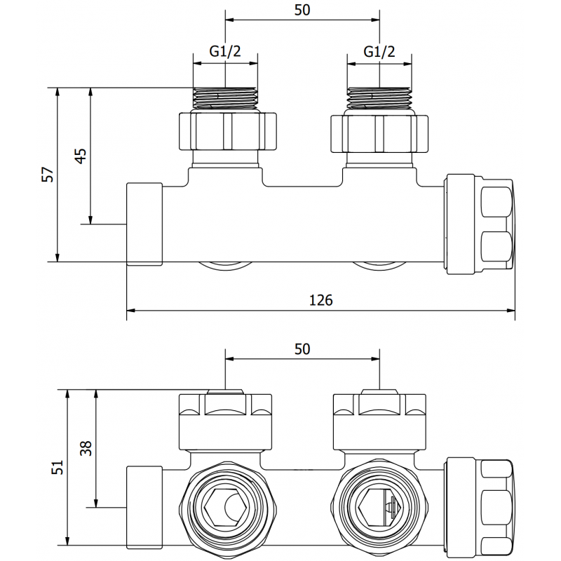 Mexen Uni-Term radiátorový ventil úhlový, Duplex, DN50, černý - W907-000-70