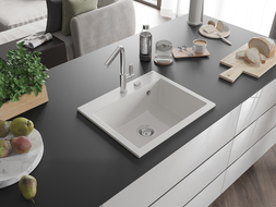 Mexen Oscar granitový kuchyňský dřez s jednou komorou 580 x 490 mm, bílý, sifon chrom - 6519581000-20