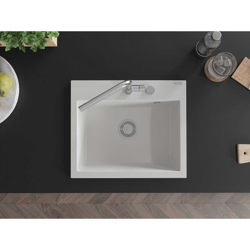 Mexen Oscar granitový kuchyňský dřez s jednou komorou 580 x 490 mm, bílý, sifon chrom - 6519581000-20