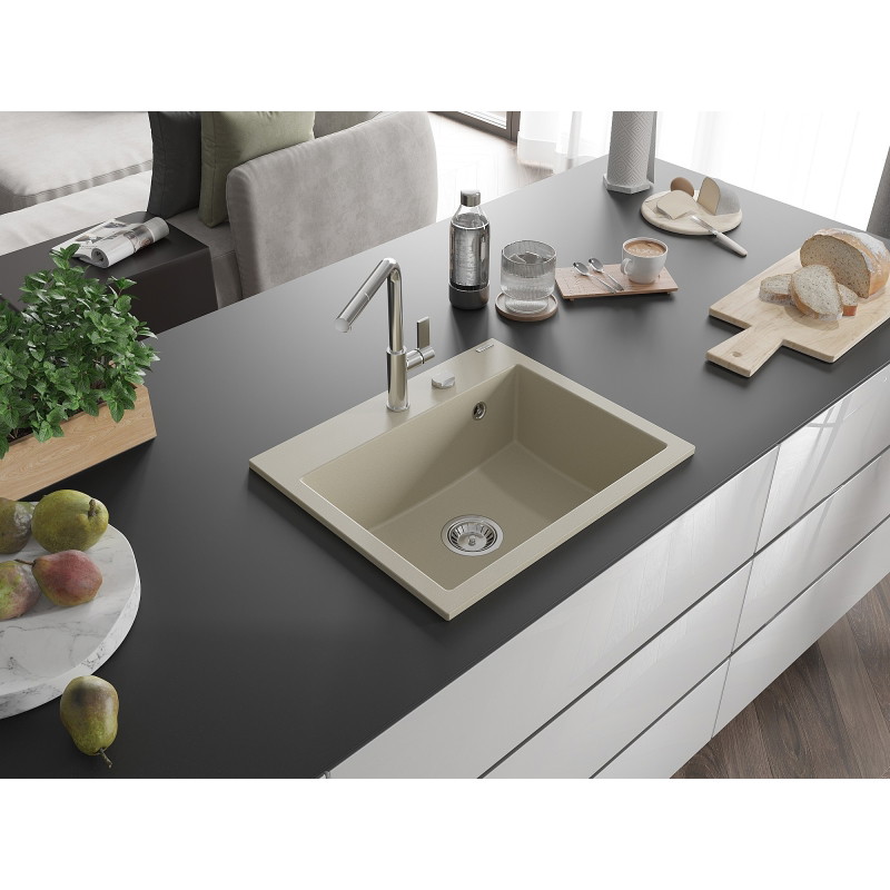 Mexen Oscar granitový dřez 1-komorový 580 x 490 mm, béžový, sifon chrom - 6519581000-69