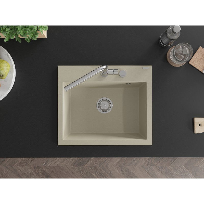 Mexen Oscar granitový kuchyňský dřez jednokomorový 580 x 490 mm, béžový, sifon chrom - 6519581000-69