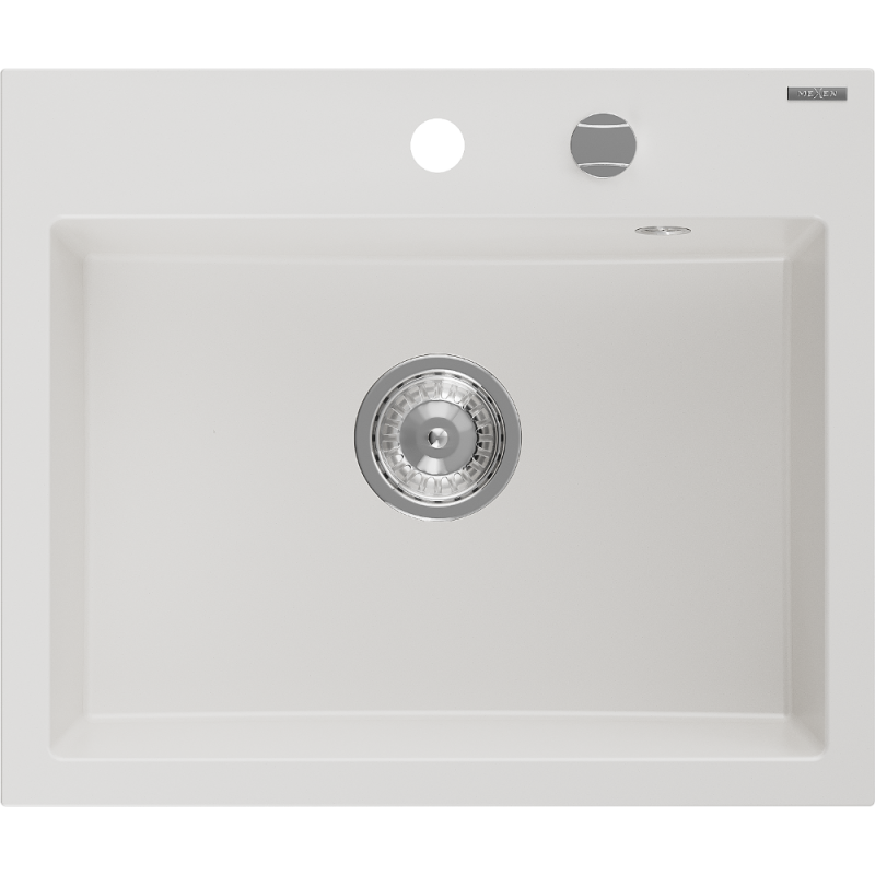 Mexen Oscar granitový kuchyňský dřez s jednou komorou 580 x 490 mm, bílý, sifon chrom - 6519581000-20