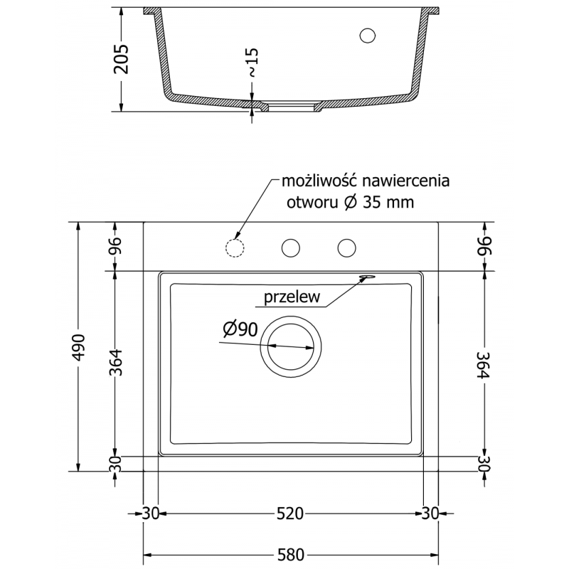 Mexen Oscar granitový dřez 1-komorový 580 x 490 mm, černý/zlatý metalický, sifon chrom - 6519581000-75