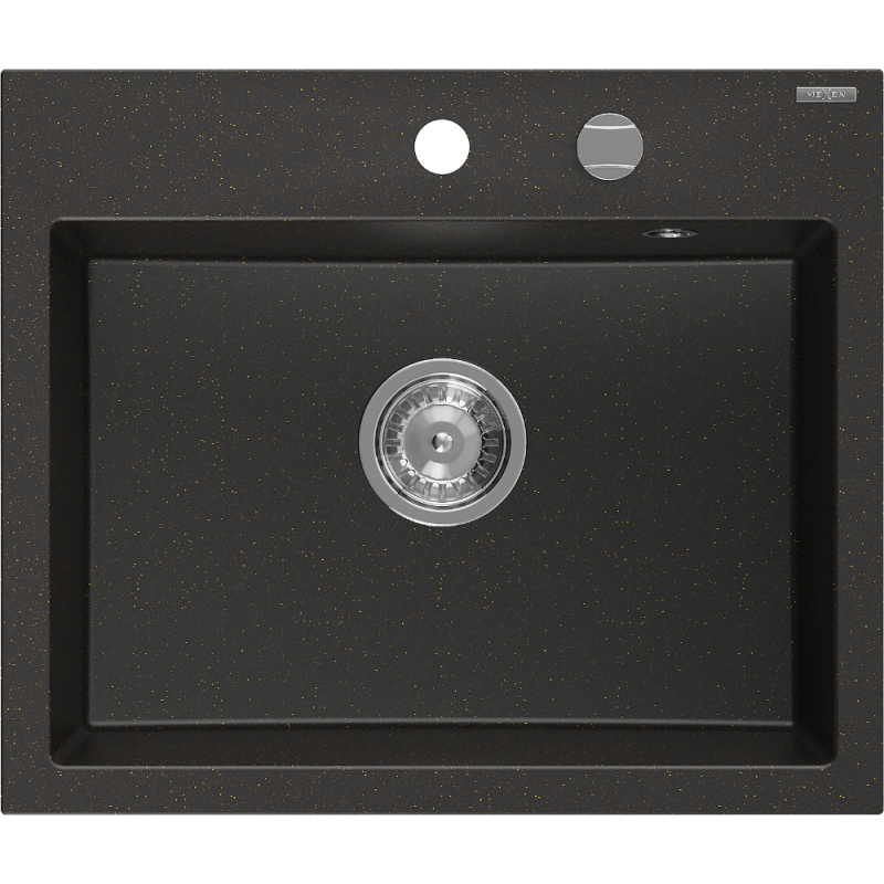 Mexen Oscar granitový dřez 1-komorový 580 x 490 mm, černý/zlatý metalický, sifon chrom - 6519581000-75