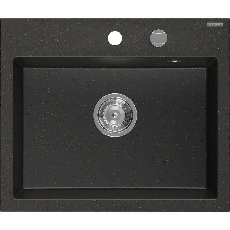 Mexen Oscar granitový dřez s 1 komorou 580 x 490 mm, černý/zlatý metalický, chromový sifon - 6519581000-75