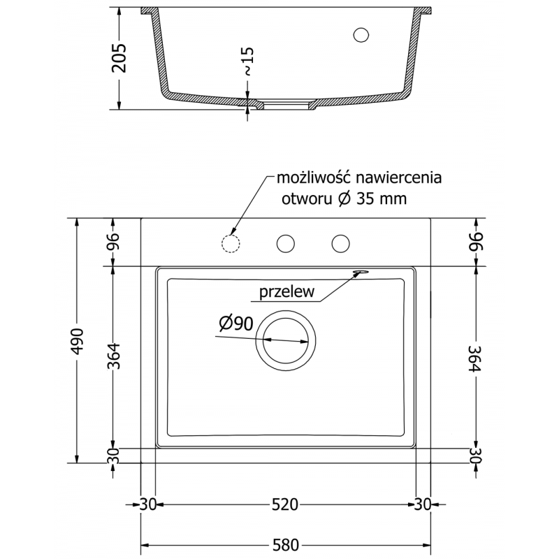 Mexen Oscar granitový dřez 1-komorový 580 x 490 mm, černý, chromový sifon - 6519581000-77
