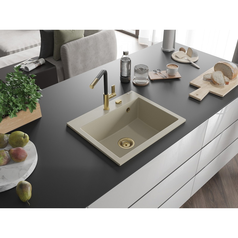 Mexen Oscar granitový dřez 1-komorový 580 x 490 mm, béžový, zlatý sifon - 6519581000-69-G