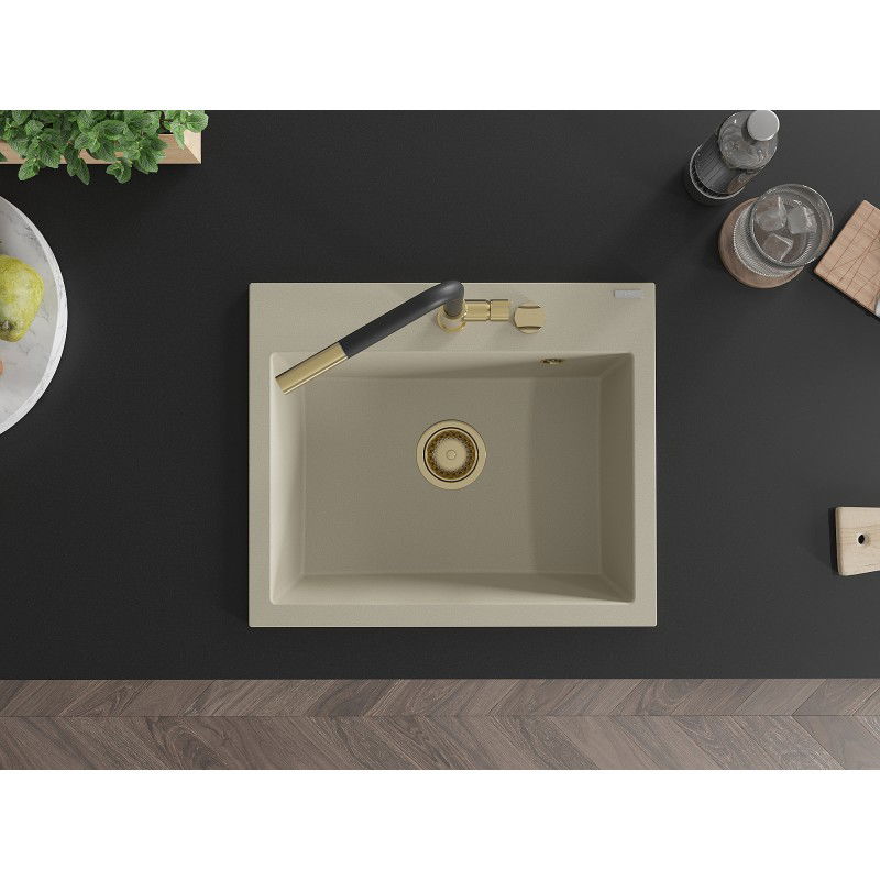 Mexen Oscar granitový dřez 1-komorový 580 x 490 mm, béžový, sifon zlatý - 6519581000-69-G