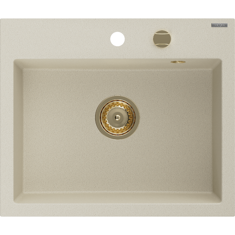 Mexen Oscar granitový dřez 1-komorový 580 x 490 mm, béžový, sifon zlatý - 6519581000-69-G