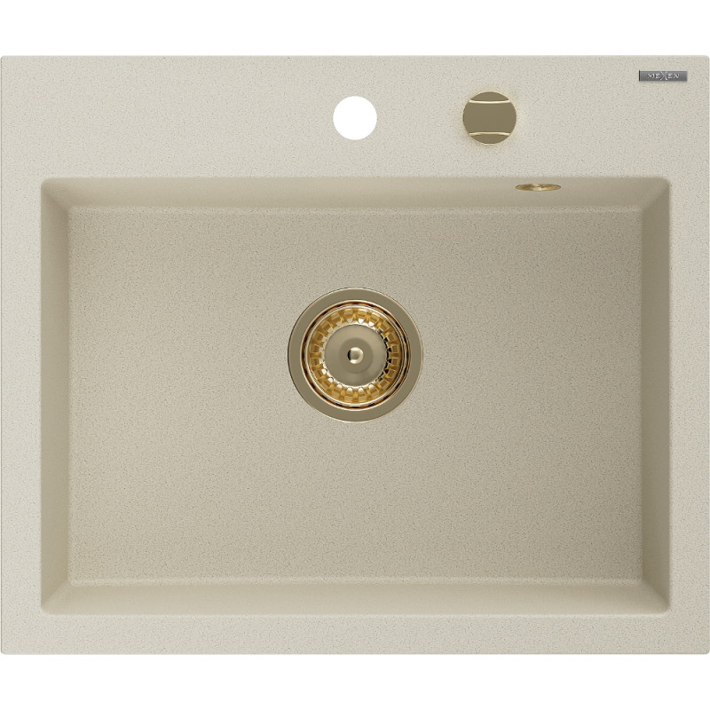 Mexen Oscar granitový dřez 1-komorový 580 x 490 mm, béžový, zlatý sifon - 6519581000-69-G