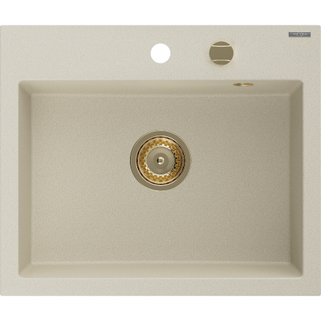 Mexen Oscar granitový dřez 1-komorový 580 x 490 mm, béžový, sifon zlatý - 6519581000-69-G