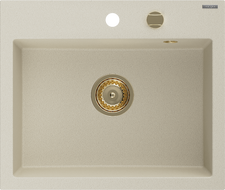 Mexen Oscar granitový dřez 1-komorový 580 x 490 mm, béžový, sifon zlatý - 6519581000-69-G