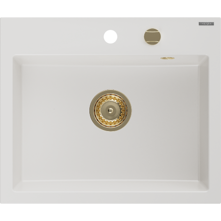 Mexen Oscar granitový dřez 1-komorový 580 x 490 mm, bílý, zlatý sifon - 6519581000-20-G