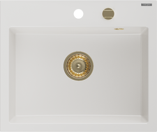 Mexen Oscar granitový dřez 1-komorový 580 x 490 mm, bílý, zlatý sifon - 6519581000-20-G