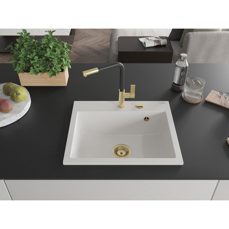 Mexen Oscar granitový dřez 1-komorový 580 x 490 mm, bílý, zlatý sifon - 6519581000-20-G