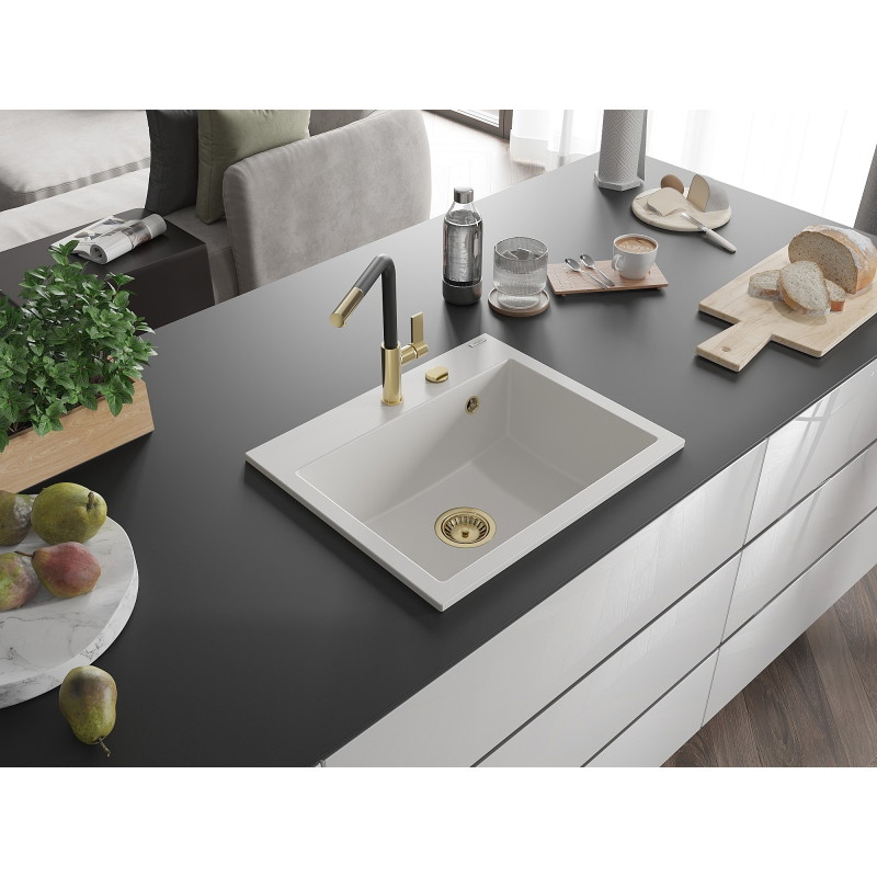 Mexen Oscar granitový dřez 1-komorový 580 x 490 mm, bílý, sifon zlatý - 6519581000-20-G
