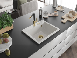 Mexen Oscar granitový dřez 1-komorový 580 x 490 mm, bílý, zlatý sifon - 6519581000-20-G