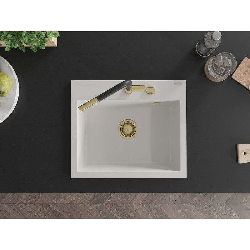 Mexen Oscar granitový dřez 1-komorový 580 x 490 mm, bílý, zlatý sifon - 6519581000-20-G