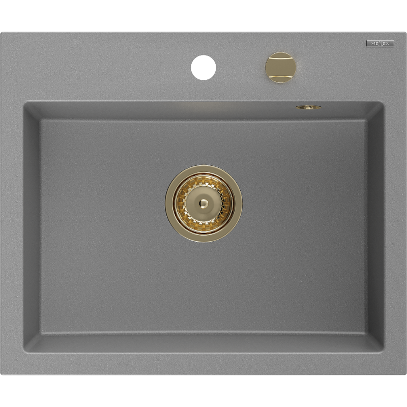 Mexen Oscar granitový dřez s 1 komorou 580 x 490 mm, šedý, sifon zlatý - 6519581000-71-G