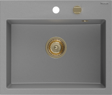 Mexen Oscar granitový dřez s 1 komorou 580 x 490 mm, šedý, sifon zlatý - 6519581000-71-G