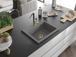 Mexen Oscar granitový dřez s 1 komorou 580 x 490 mm, šedý, sifon zlatý - 6519581000-71-G