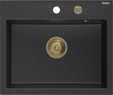 Mexen Oscar granitový dřez 1-komorový 580 x 490 mm, černý/stříbrný metalik, sifon zlatý - 6519581000-73-G