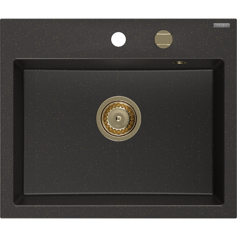 Mexen Oscar granitový dřez 1-komorový 580 x 490 mm, černý/zlatý metalik, sifon zlatý - 6519581000-75-G