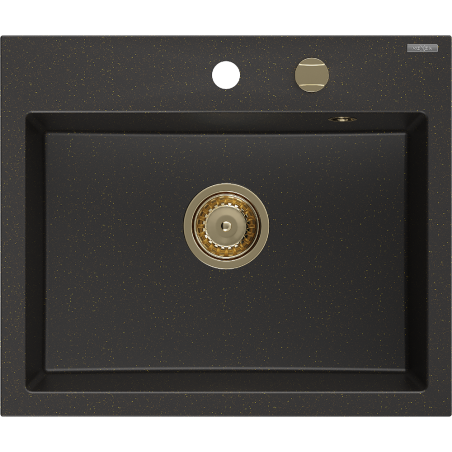 Mexen Oscar granitový dřez 1-komorový 580 x 490 mm, černý/zlatý metalik, sifon zlatý - 6519581000-75-G