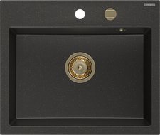 Mexen Oscar granitový dřez 1-komorový 580 x 490 mm, černý/zlatý metalik, sifon zlatý - 6519581000-75-G