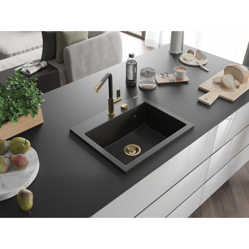 Mexen Oscar granitový dřez 1-komorový 580 x 490 mm, černý/zlatý metalik, zlatý sifon - 6519581000-75-G
