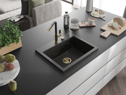 Mexen Oscar granitový dřez 1-komorový 580 x 490 mm, černý/zlatý metalik, sifon zlatý - 6519581000-75-G