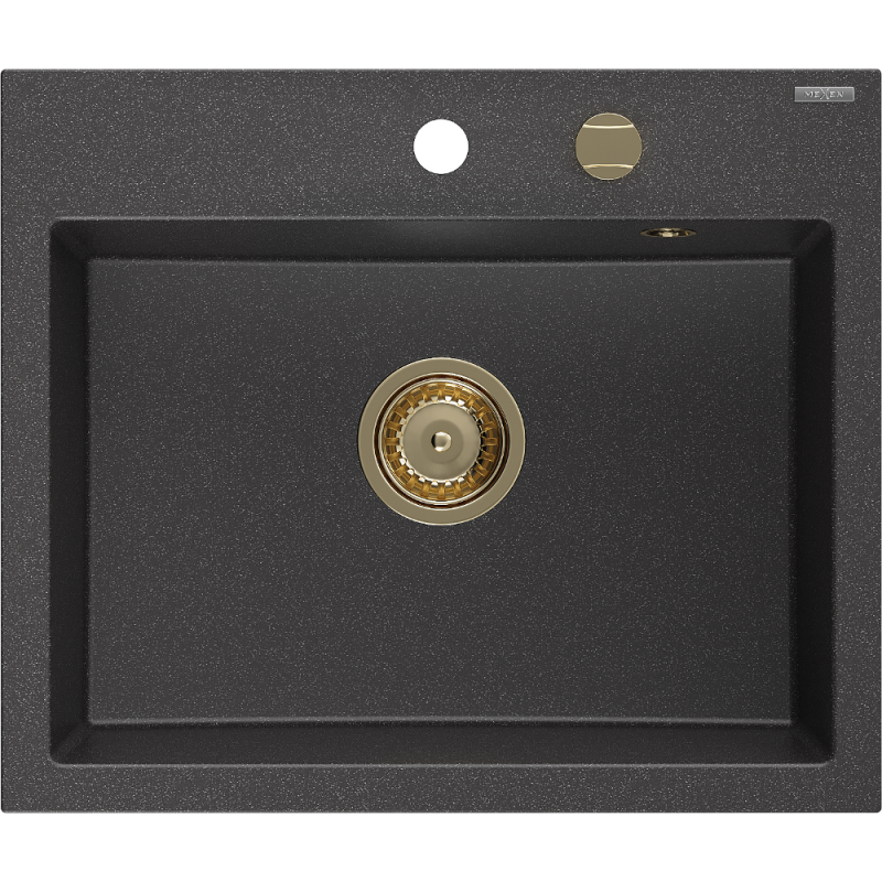 Mexen Oscar granitový dřez 1-komorový 580 x 490 mm, černý kropenatý, zlatý sifon - 6519581000-76-G