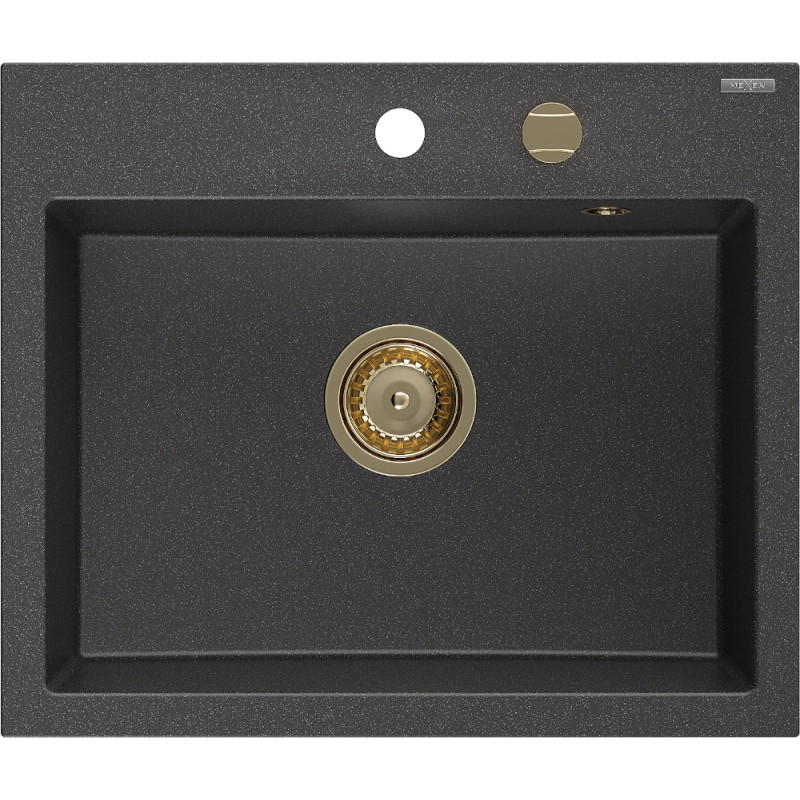 Mexen Oscar jednodřezový granitový dřez 580 x 490 mm, černý tečkovaný, zlatý sifon - 6519581000-76-G