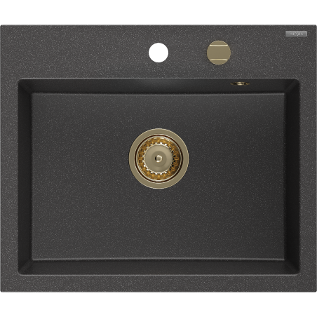 Mexen Oscar granitový dřez 1-komorový 580 x 490 mm, černý kropenatý, zlatý sifon - 6519581000-76-G