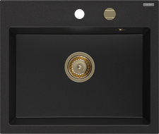 Mexen Oscar granitový dřez 1-komorový 580 x 490 mm, černý, zlatý sifon - 6519581000-77-G