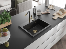 Mexen Oscar granitový dřez 1-komorový 580 x 490 mm, černý, zlatý sifon - 6519581000-77-G