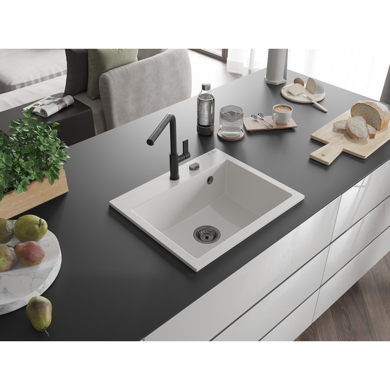 Mexen Oscar granitový dřez 1-komorový 580 x 490 mm, bílý, černý sifon - 6519581000-20-B