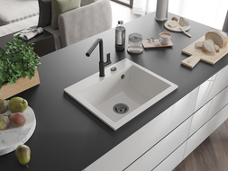 Mexen Oscar granitový kuchyňský dřez 1-komorový 580 x 490 mm, bílý, černý sifon - 6519581000-20-B