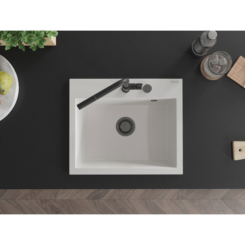 Mexen Oscar granitový kuchyňský dřez 1-komorový 580 x 490 mm, bílý, černý sifon - 6519581000-20-B