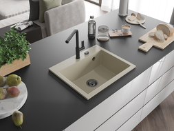 Mexen Oscar granitový dřez 1-komorový 580 x 490 mm, béžový, černý sifon - 6519581000-69-B