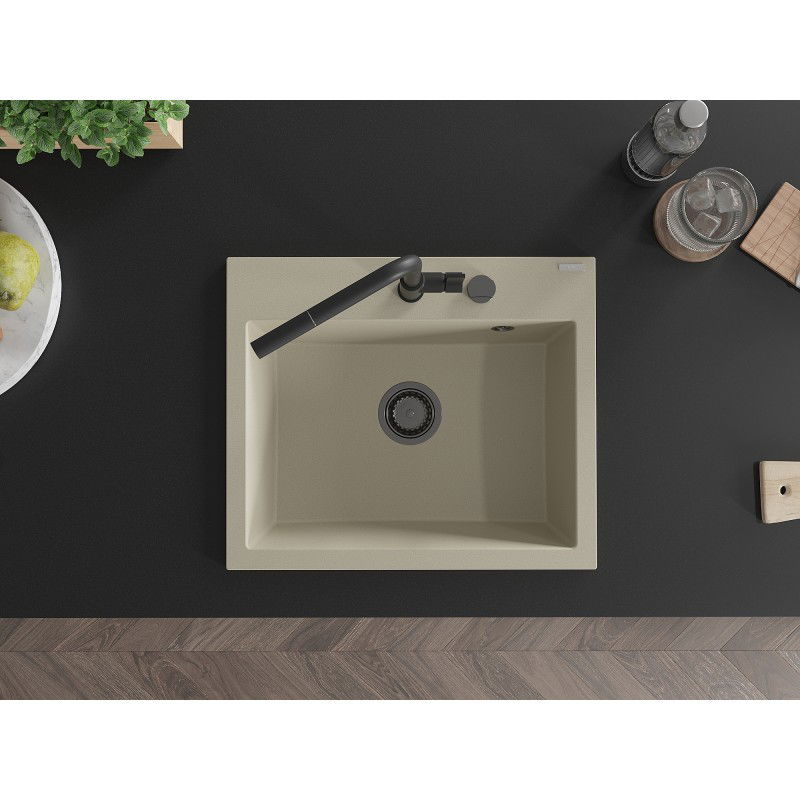 Mexen Oscar granitový dřez 1-komorový 580 x 490 mm, béžový, černý sifon - 6519581000-69-B