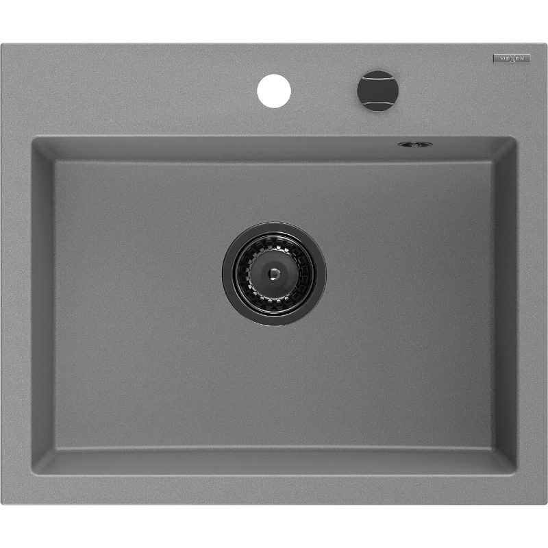 Mexen Oscar žulový dřez s jednou komorou 580 x 490 mm, šedý, sifon černý - 6519581000-71-B