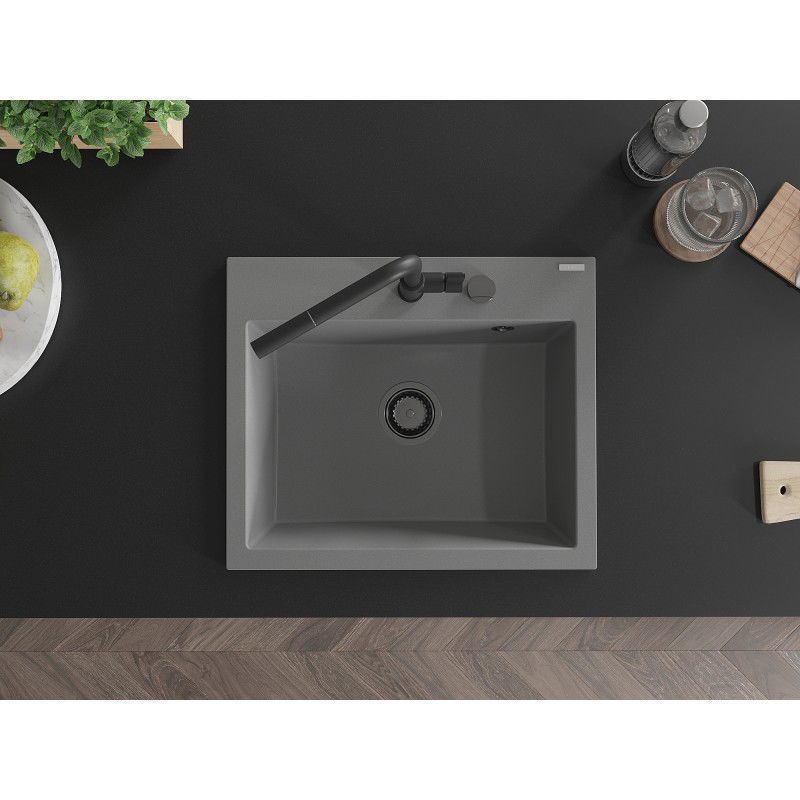 Mexen Oscar žulový dřez s jednou komorou 580 x 490 mm, šedý, sifon černý - 6519581000-71-B