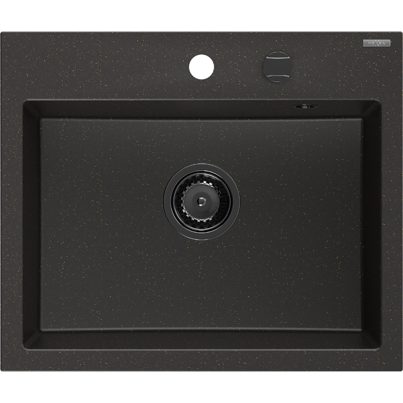 Mexen Oscar žulový dřez s 1 komorou 580 x 490 mm, černý/zlatý metalík, černý sifon - 6519581000-75-B