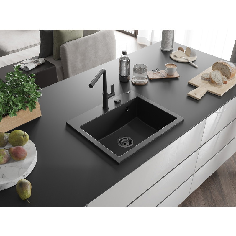 Mexen Oscar granitový dřez s 1 komorou 580 x 490 mm, černý, černý sifon - 6519581000-77-B