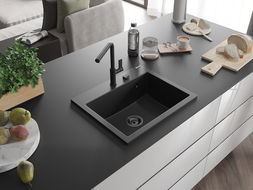 Mexen Oscar granitový dřez 1-komorový 580 x 490 mm, černý, sifon černý - 6519581000-77-B