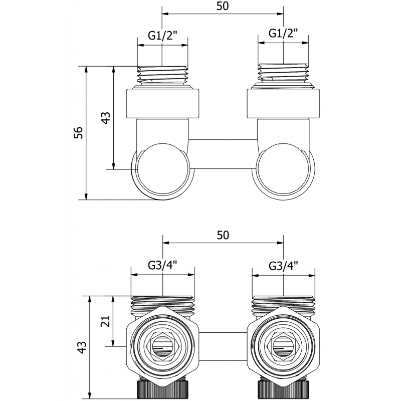 Mexen Uni-Term dvourouhový radiátorový ventil DN50, úhlový 1/2"x3/4", nikl - W911-012-01