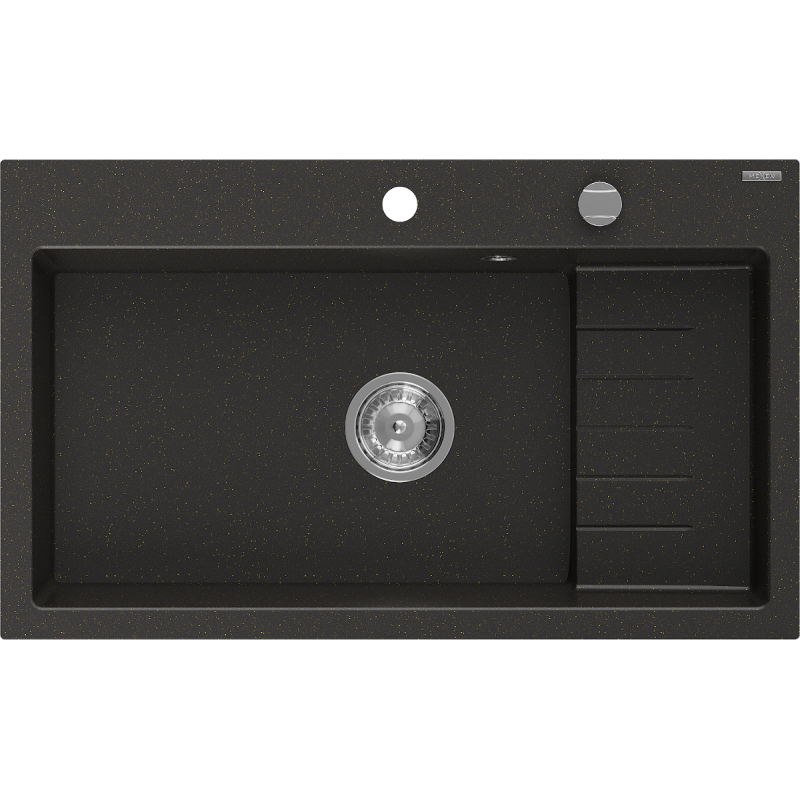 Mexen Omar granitový dřez 1-komorový 800 x 480 mm, černý/zlatý metalik, sifon chrom - 6520801005-75