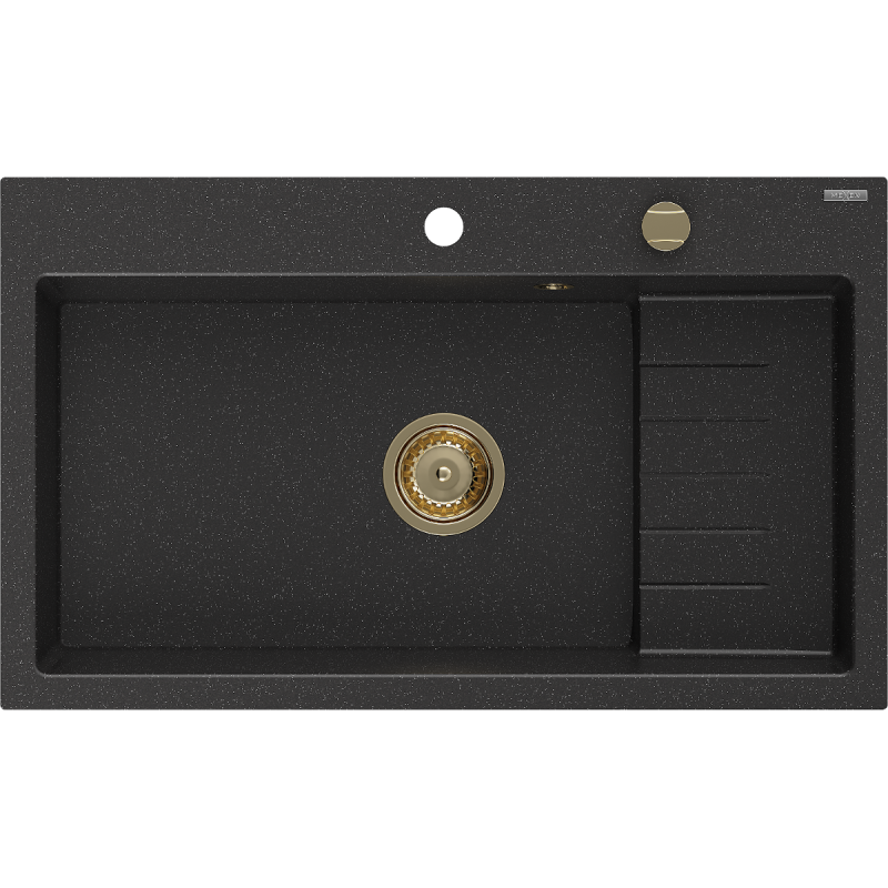 Mexen Omar kuchyňský dřez z granitu, 1-komorový 800 x 480 mm, černý/stříbrný metalický, sifon zlatý - 6520801005-73-G