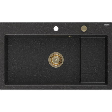 Mexen Omar kuchyňský dřez z granitu, 1-komorový 800 x 480 mm, černý/stříbrný metalický, sifon zlatý - 6520801005-73-G